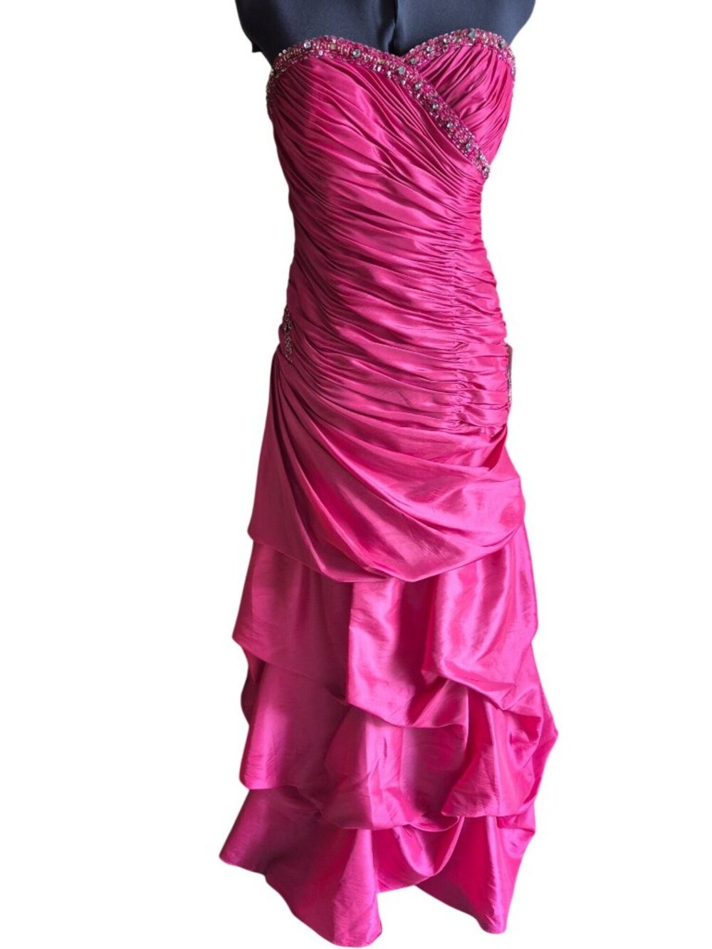 B. Dazzle Pink Strapless Silk Gown With Crystal Detail & Ruffled Skirt Size 6